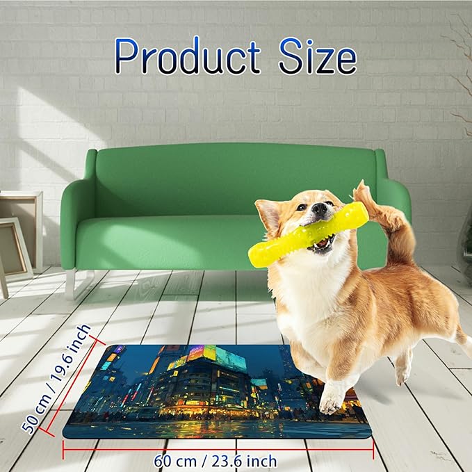 Dog Food Mat, 19.6" x 23.6" Absorbent Pet Feeding Mat for Food and Water, Waterproof Diatom Mud Pet Placemat with Non-Slip Rubber Backing, Cat Bowl Mat for Floors - Neon Architecture