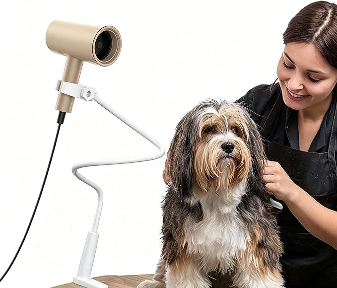 Dog Hair Dryer Stand Holder - Adjustable 31.5" Heavy Duty Blow Dryer Mount, Hands Free Pet Grooming Tool for Dogs with Secure Clamp, Fits Most Hair Dryers (White)