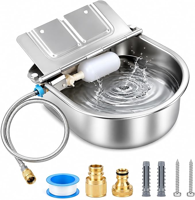 BWOGUE Automatic Water Dispenser for Dogs, 1 Gallon Outdoor Automatic Dog Water Bowl with Float Valve Stainless Steel Dispenser Fit 1/2'' and 3/4'' GHT Faucet for Dog Horse Chicken