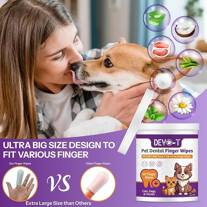 DEVO-T 100% Natural Dog Teeth Cleaning Wipes Mint Scented | 100 Count | Pet Teeth Cleaning Finger Wipes for Dogs, Cats & Horses | Remove Bad Breath, Plaque & Tartar Buildup | Dog Dental Wipes Finger