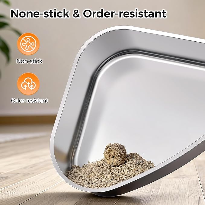 Chumajor XXL Stainless Steel Corner Cat Litter Box with Lid - Sturdy, No Odor & Space-Saving Hidden Design for Large Cats, Grey