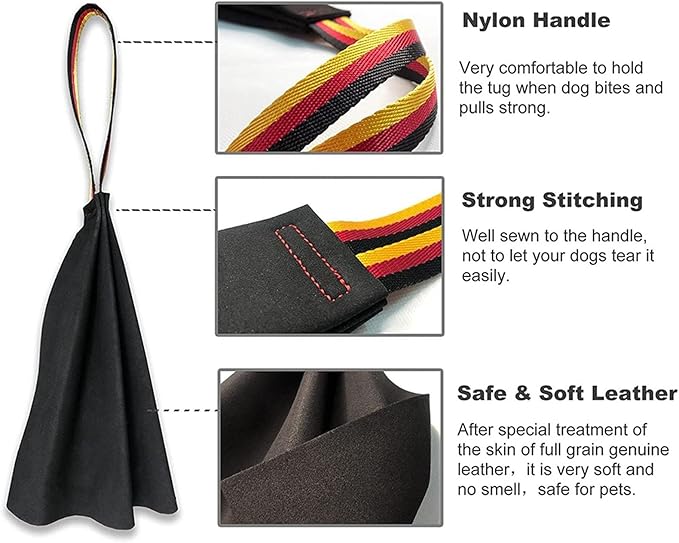 Dog Bite Rag, Leather Interactive Tug of War Toy with Handle for Dog Training, Training Supplies, Flirt Pole for Dogs, Agility Equipment for K9