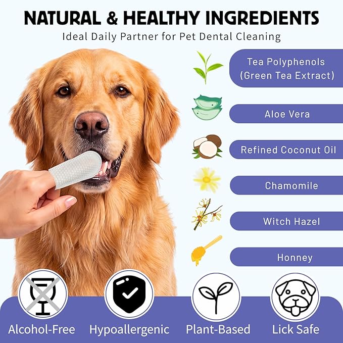 60 Counts Dental Wipes for Dogs Teeth & Cats, No-Rinse Dog Tooth Wipes for Breath Freshener & Gum Care, Pet Toothbrush Toothpaste Alternative, Unscented Disposable Dog Oral Teeth Cleaning Finger Wipes