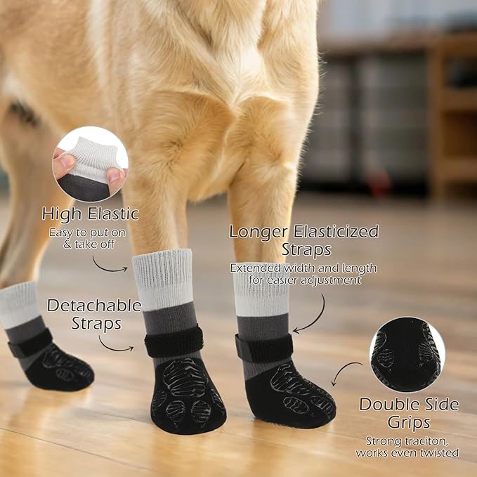 EXPAWLORER Anti Slip Dog Socks to Prevent Licking Paws, Dog Shoes for Hot Pavement, Dog Booties for Hardwood Floors, Dog Boots & Paw Protectors with Grippers for Small Medium Large Senior Dogs Black L