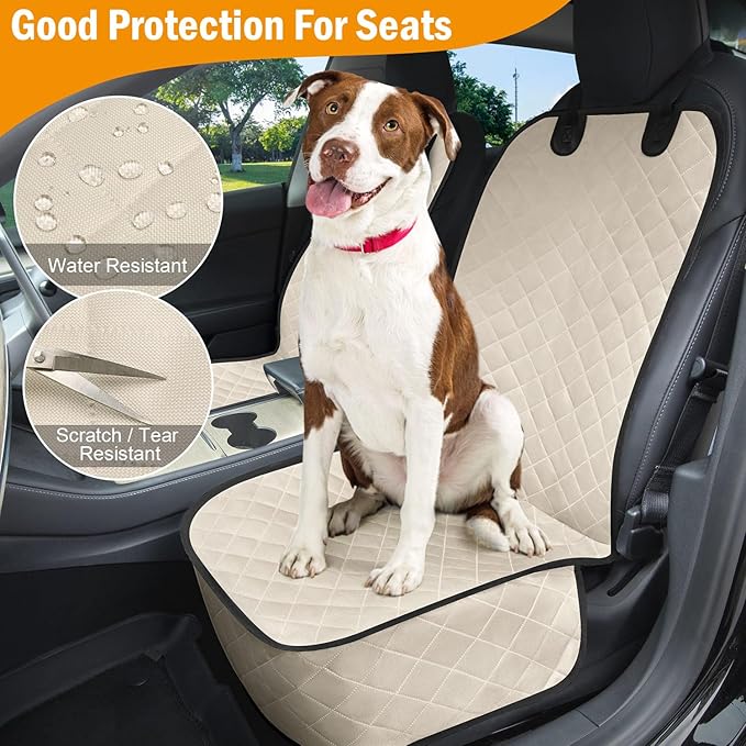 Dog Car Seat Covers Waterproof, Scratch-Proof Pet Front Cover for Cars, Nonslip Pet Passenger Seat Cover Protector, Universal Fit for Cars Trucks SUVs, Medium, Beige, 2 Packs