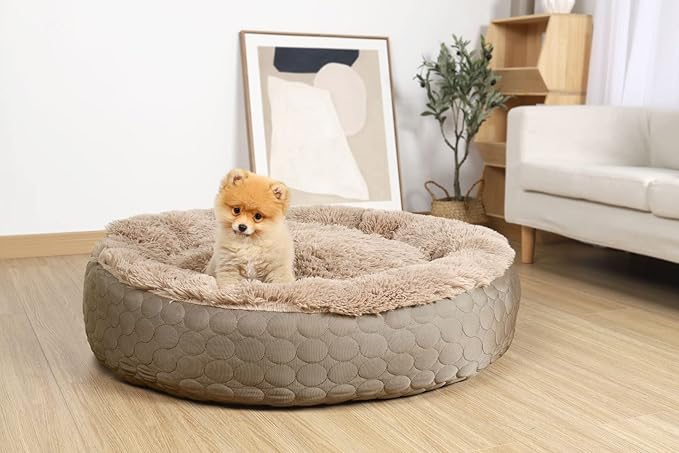 HachiKitty Dog Donut Round Calming Bed, Fluffy Bed for Medium Large Dogs, Double Sided Available with Warm & Cool Sides (30"x30"x9", Taupe)