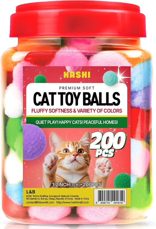 HA SHI [200pcs in Sturdy Jar] 1.2 Inch Soft Plush Cat Toy Balls - Perfect Size Interactive Fetch Toys for Indoor Cats, Quiet Night Play, Assorted Colorful Fuzzy Poms for Kittens