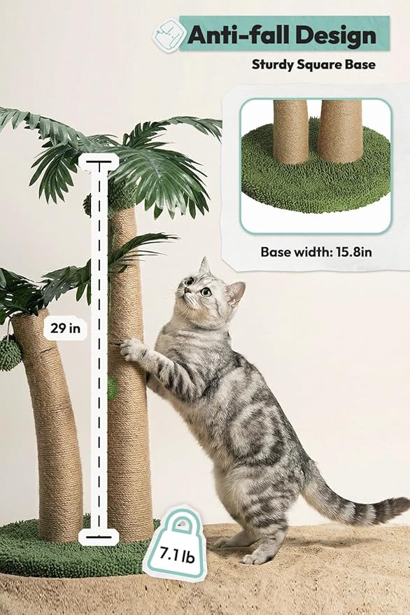 33" Tall Cat Scratching Post, Natural Jute Cat Scratcher for Indoor Cats, Double Coconut Tree Design with Hanging Toy Ball & Rest Platform,Stable Furniture Protector for Kittens & Adult Cats,M