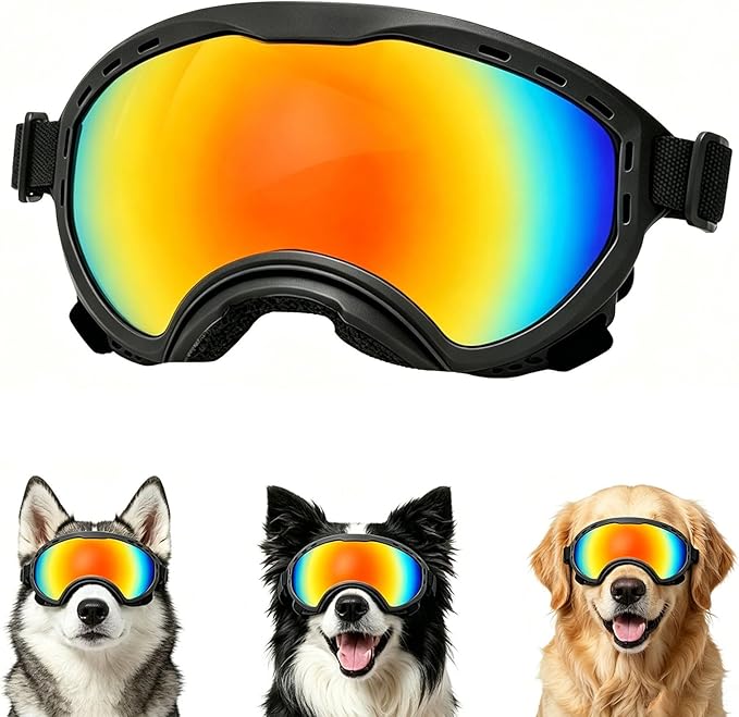 Dog Goggles for Medium to Large Breeds, UV Protection Dog Sunglasses with Colored PC Lens, Soft TPU Frame and Adjustable Straps, Windproof Dustproof Anti-Fog Pet Eyewear for Outdoor Activities (Black)