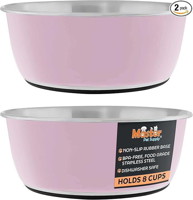 Master Pet Supply Stainless Steel Dog Bowls Set of 2 (64 Oz Each) with Non-Slip Rubber Base - Rose Quartz - Basic Dog Food Bowl Water & Food Bowls for Small Medium Large Dogs & Cats, Metal Dish