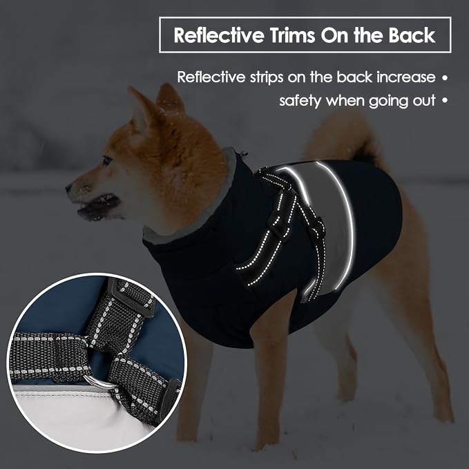 Dog Coat, XXXL Dog Jacket Winter with Harness Built in, Waterproof Pet Snow Jacket with Furry Collar for Chilly Day, Reflective Fleece Snowsuit for Extra Large Dogs, Navy Blue 3XL