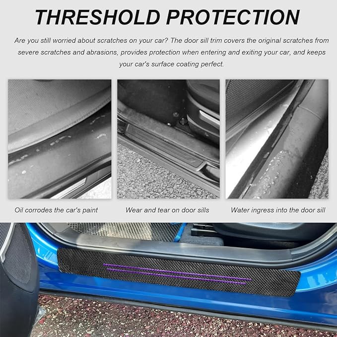 4 PCS Car Door Sill Protector, Waterproof Carbon Fiber Style Car Door Entry Guard Sill Protector, Anti-Scratch Door Threshold Strips Stickers for Most Vehicles, Car Accessories (Purple-4pcs)