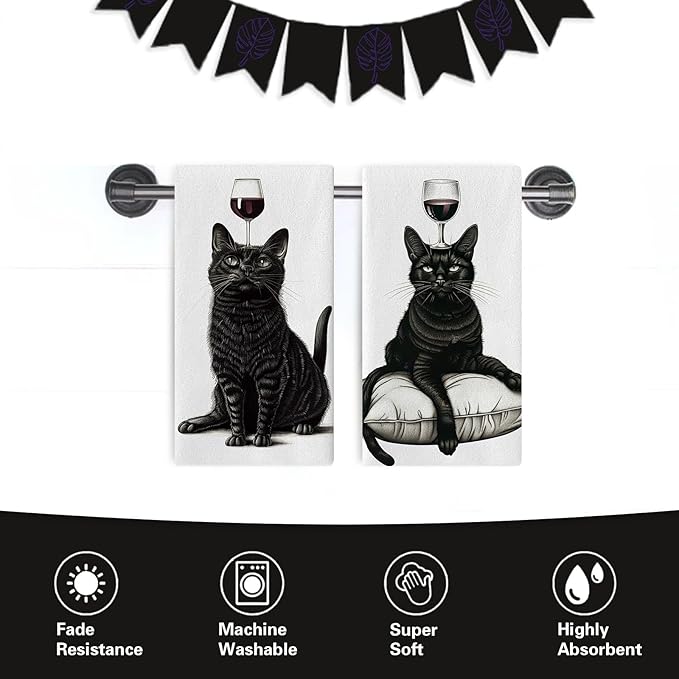 Funny Black Cat Kitchen Dish Towels Set of 2, Red Wine Bar Pub Drying Hand Towel Baking Cooking Cloth, Gifts for Pet Cat Owner Lovers Bathroom Home Decoration 18'' x 26''