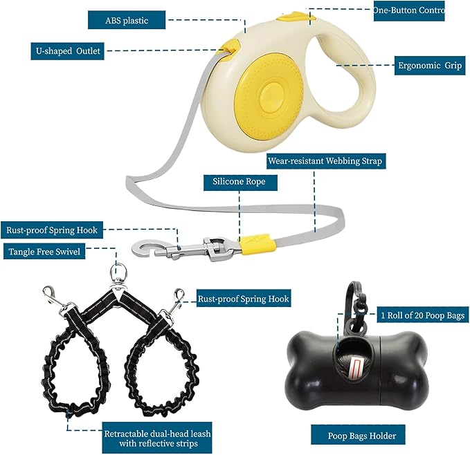 Dual Retractable Dog Leash for 2 Large Dogs (Up to 110 Lbs), One-Button Break and Lock, Non-Slip Grip, Double-Headed, 16 FT Extendable Pet Leash with Poop Bags, 360° Tangle-Free (Yellow, Large)