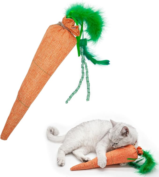 Carrot Catnip Toys with Crinkle Paper for Indoor Cats to Keep Them Busy, Soft Linen, Interactive Cat Feather Toys for Kitten Kicking, Teething, Exercise, Catmint Toys for All Breeds (1 PCS)