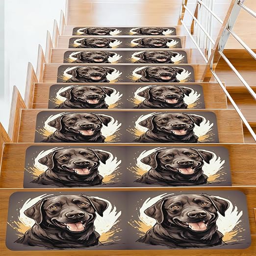 Animal Dog Gray Stair Treads for Wooden Steps Indoor Washable Staircase Carpet 1PCS 30"x7.8" Stair Step Treads Non-Slip Staircase Covers Peel and Stick Safety Mat for Kids Elders Pets