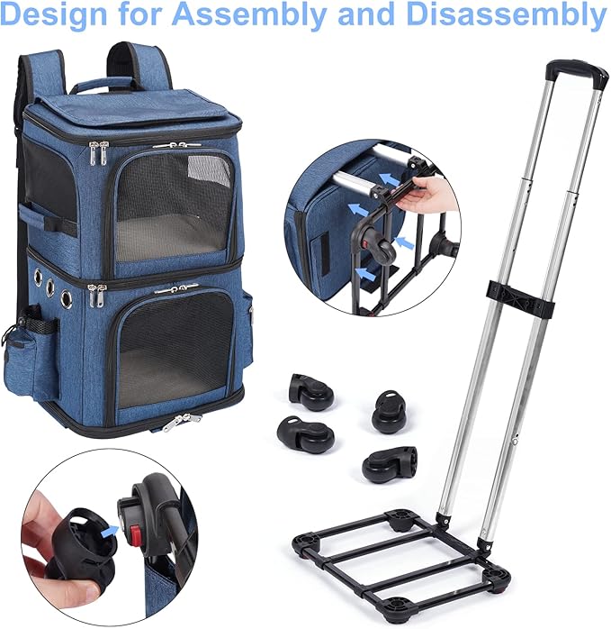 HOVONO Double-Compartment Pet Carrier Backpack with Wheels for Small Cats and Dogs, Cat Rolling Carrier for 2 Cats, Perfect for Traveling/Taking a Walk/Trips to the Vet, Blue