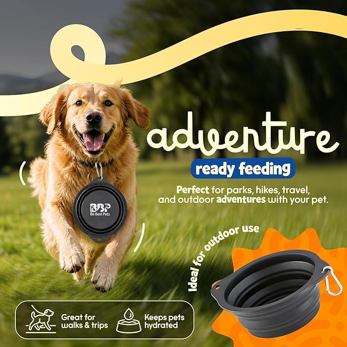 BE BEST PETS Collapsible Dog Bowl 28 oz - Foldable Silicone Pet Travel Bowl with Clip - Leak-Resistant Portable Pet Bowl for Food & Water Dish – Lightweight Pet Bowl for Dogs & Cats - Black (Large)