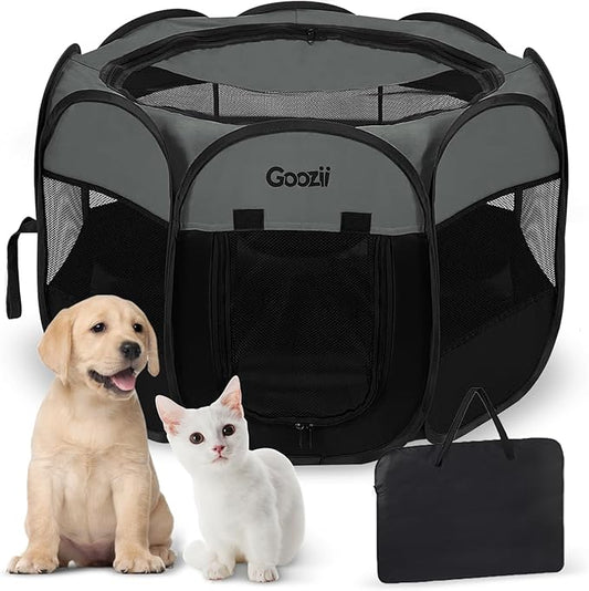 Goozii Portable Puppy Playpen Indoor, Small Dog Playpen, Pop Up Kitten Cat Play Pen Tent for Outdoor, Foldable Pet Cage Crate Kennel with Zip Gate Top Cover Bottom for Travel Camping RV Car (Black)