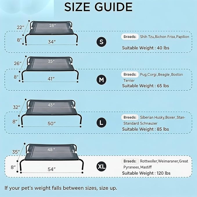 Cooling Elevated Dog Bed for Extra Large Dogs with Non-Slip Floor Protectors & Breathable Mesh, XL Raised Indoor & Outdoor Dog Cot Hammock, 54" L x 35" W x 8" Th, X-Large, Grey