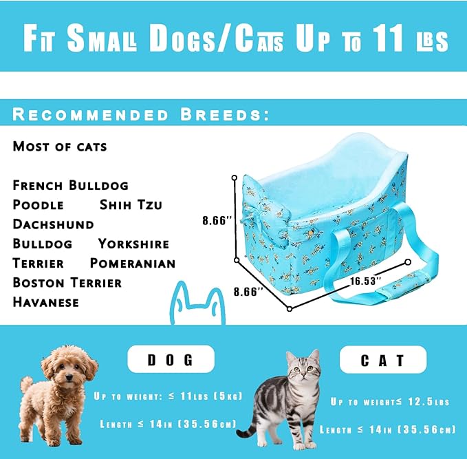 Console Dog Car Seat - Portable Dogs Armrest Booster Seat for Small Dog, Anti-Collapse Pet Car Seat with Soft Cushion Safety Belt, Support Pet Up to 11lbs (Blue Daisy)