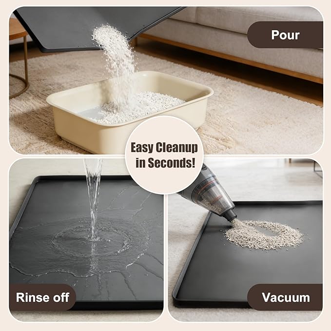 Silicone Cat Litter Mat 24x20 In Waterproof Litter Box Mat Leak-Proof Thick Under Kitty Litter Box Feeding Tray with Raised Edges for Floor Carpet, Black