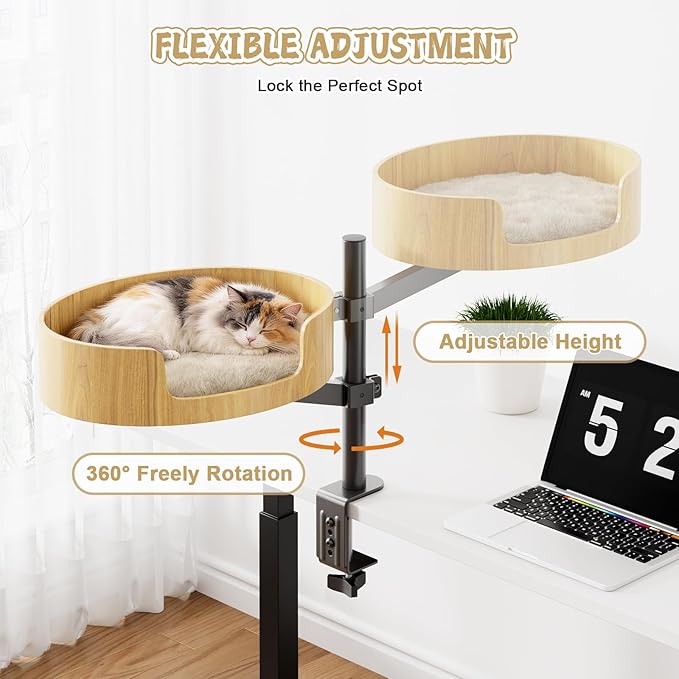 Cat Desk Bed for Indoor Cats, 360° Rotating & Adjustable Cat Bed for Desk, Heavy-Duty Metal Desk Cat Bed with Secure Clamp, Space-Saving Desk Cat Bed for Office Desk & Gaming Table,Detachable.