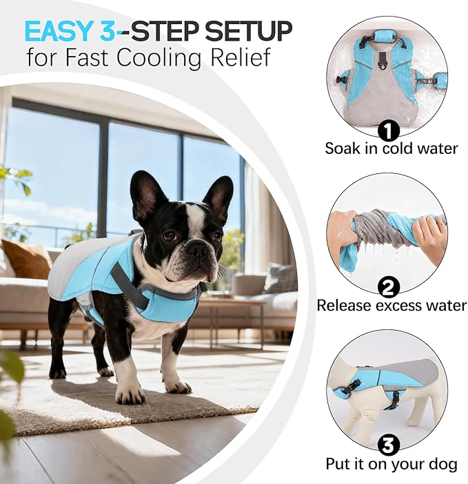 DENTRUN Dog Cooling Vest with Dual Absorbent Core, Adjustable Sun Protective Vest for Hot Weather, Doggie Ice Jacket Hiking Travel Summer Essentials, Reflective, Sun Protective Vest, Blue L