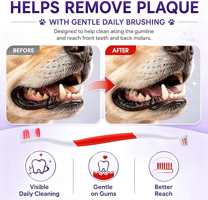 Dog Toothbrush – Newly Upgraded Dual-Head Design with 60° Wavy Bristles – Gently Surrounds Teeth for Deep Cleaning and Plaque Removal – Non-Slip Handle, Ideal for Daily Pet Dental Care (Red, 6-Pack)
