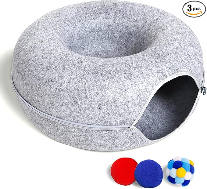 Cat Tunnel Bed for Indoor Cats with 3 Toys, Scratch Resistant Donut Cat Bed, Up to 9 Lbs (M 20x20x9, Light Grey)