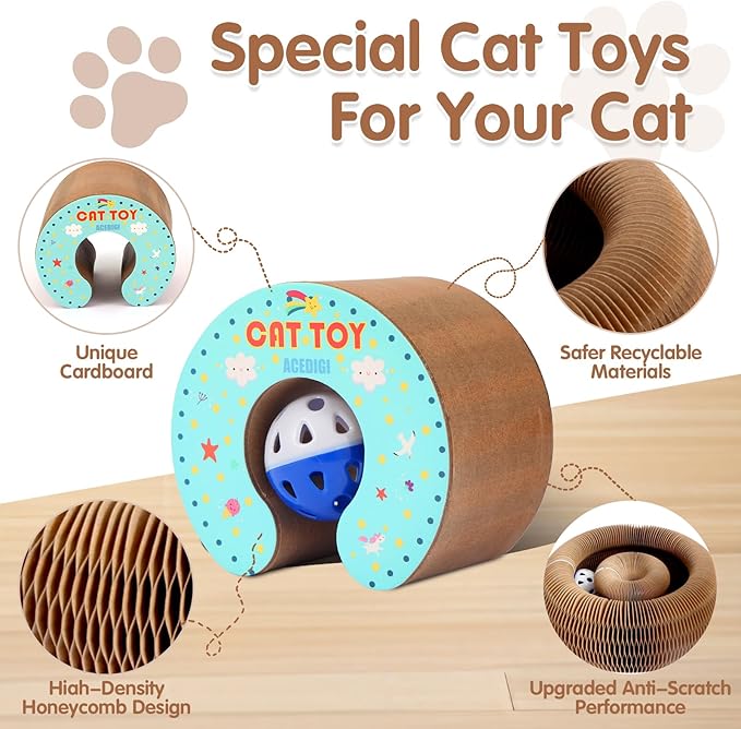 Extensible Cat Scratcher Cardboard Toy | Magic Accordion Scratching Pad with Bell Ball - Foldable & Reversible Interactive Kitty Play for Indoor Cats (2 Pack)
