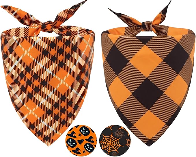 2PCS Fall Dog Bandanas,Halloween Dog Bandanas,One Side Orange Plaid,The Other Side Pumpkin or Spider Web Bibs,Holiday Pet Scarf for Boy and Girl Dogs,Thanksgiving Pet Outfit for Medium to Large Dogs