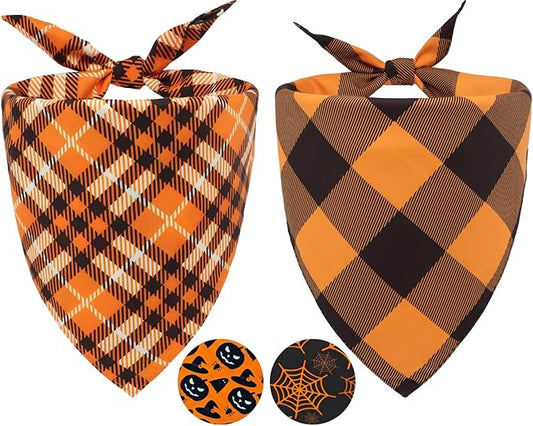 2PCS Fall Dog Bandanas,Halloween Dog Bandanas,One Side Orange Plaid,The Other Side Pumpkin or Spider Web Bibs,Holiday Pet Scarf for Boy and Girl Dogs,Thanksgiving Pet Outfit for Medium to Large Dogs