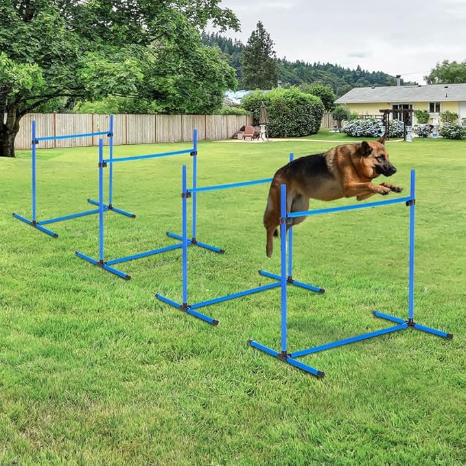 anwickjeff 4 Piece Dog Agility Training Equipment with Adjustable Height Jump Bars, Included Carry Bag, & Displacing Top Bar, Obstacle Course for Dogs Backyard Exercise Competitive (Blue, 4 Piece)