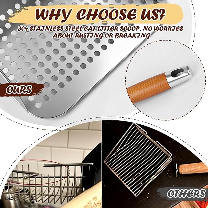 Cat Litter Scoop 304 Stainless Steel Rust Proof, Sifting Litter Box Scooper with Wood Handle, Curved Design for Easy Cleaning, Dual Sifter Holes cat Litter Shovel