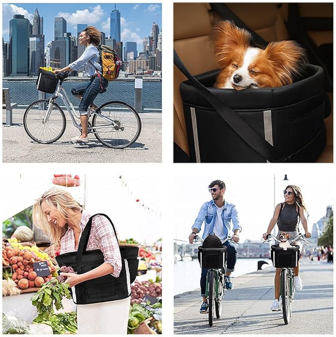 ANZOME Dog Bike Basket, Folding Front Pet Carrier for Small Dogs Cats Up to 11 lbs, Quick-Release Bicycle Basket with Safety Tether, Fits Mountain City Cruiser Bikes, Detachable Handlebar Bag