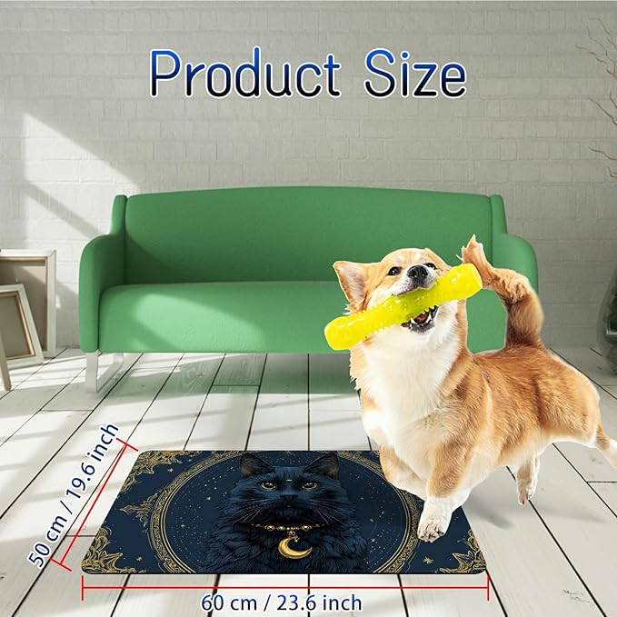 Dog Food Mat, 19.6" x 23.6" Absorbent Pet Feeding Mat for Food and Water, Waterproof Diatom Mud Pet Placemat with Non-Slip Rubber Backing, Easy Clean Cat Bowl Mat for Floors - Black Cat Moon