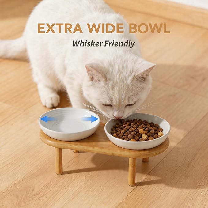 Havniva Elevated Cat Bowls Raised Ceramic Cat Bowl, 5.9” Wide Opening Cat Food Bowl Whisker Friendly Cat Dish Anti-Slip with Bamboo Stand, Shallow Pet Food & Water Bowl for Indoor Cats
