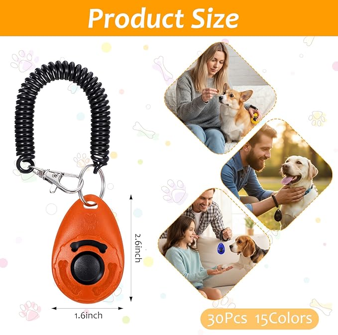30 Pcs Dog Training Clicker with Wrist Strap, Pet Behavioral Training Clickers for Obedience and Positive Reinforcement, Puppy Trainer Supplies for Dogs Cats Horses Birds (Multicolor)