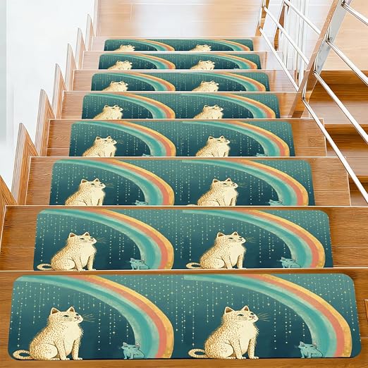 Animal Cute Cat Rainbow Stair Treads for Wooden Steps Indoor Washable Staircase Carpet 10PCS 30"x7.8" Stair Step Treads Non-Slip Staircase Covers Peel and Stick Safety Mat for Kids Elders Pets