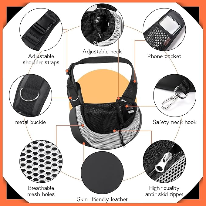 YUDODO Pet Sling Carrier for 5-9 lbs Small Dogs & Cats – Hands-Free Puppy Carrier with Safety Hook, Large Zipper Pocket, Soft Breathable Mesh, Adjustable Strap & Reflective Strip (Gray 3.0 M)