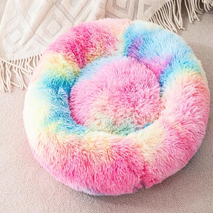Small Dog Bed for Small Dogs, Washable Donut Cat Beds for Indoor Cats, Ultra-Soft Plush Calming Bed for Kittens & Puppies Up to 6.6lbs, Anti-Slip Bottom, Rainbow,13",Shag Faux Fur