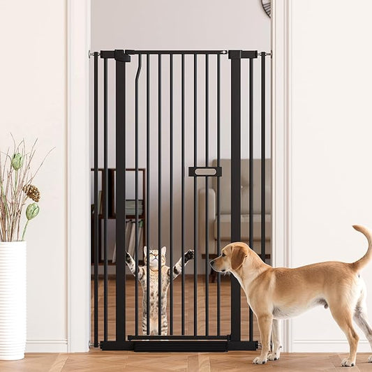 55.1" Extra Tall Cat Gate for Stairs, 26.1-29.7" Wide（66.5-75.5cm） Auto Close Cat Gate Indoor for Doorway/Hallways/Kitchen, No Drilling High Pressure Mounted, 1.37" Narrow Bar Spacing, Black