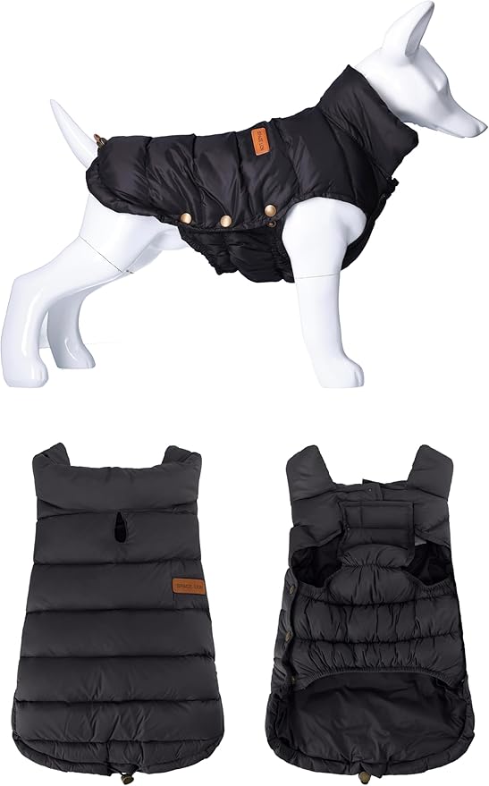 SPACE LION Dog Puffer Jacket, Down Winter Coat, Durable Outdoor Coat for Cold and Windy Conditions, Lightweight & Adjustable Fit Coats for Large Dogs, (Onyx Black, Size22/XL+)