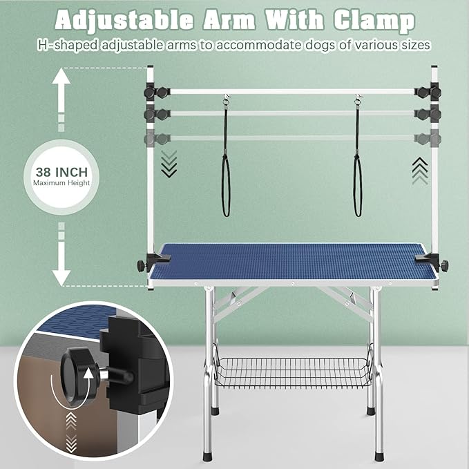 Dog Grooming Table, Adjustable Large Pet Drying Desktop, Foldable Bathing Desk with Arms, Noose, Mesh Tray, Maximum Capacity Up to 330Lb, 42in, Blue