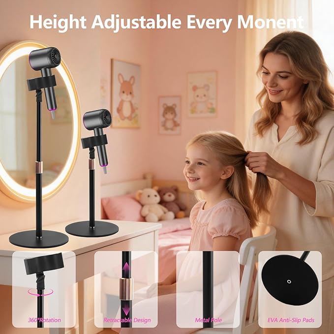 BILIONE Hair Dryer Stand Holder, Height Adjustable Countertop Blow Dryer Holder, 360° Rotating, Heavy Duty Non-Slip Base＆Universal Clip, Compatible with 99% of Hair Dryers