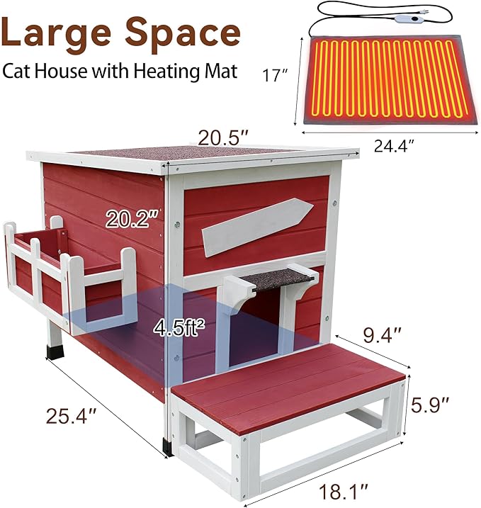 Rockever Heated Cat House for Outside Cats in Winter, Large Heated Cat Houses with Heating Pad, Wooden Outside Cat Shelter Weatherproof with Escape Door(Red)
