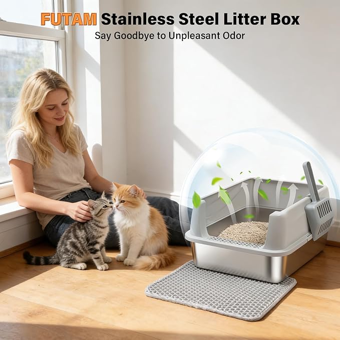 Stainless Steel Litter Box with High Sides, Small Metal Litter Box for Kittens & Small Cats, Low Entry Kitten Litter Boxes with Scoop and Mat, Non-Sticky, Anti-Urine Leakage, Easy Cleaning, Gray