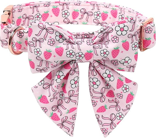 Lionet Paws Strawberry Floral Dog Collar with Sailor Bow, Spring Pink Bow Dog Collars Bow Tie for Dogs, Small, Neck 10-16 inches