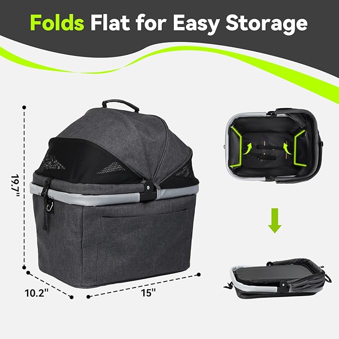 Foldable Dog Rear Bike Basket Supports Up to 22 lbs with Metal Frame, PE Support Plate, Quick-Install Mount for 3.54-4.72 inch Diameter Tubes, Mesh Window, Soft Cushion & Reflective Strips